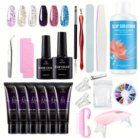 Professional Poly Nail Gel Extension Kit for Beginners - Poly Extension Gel with Slip Solution & Mini UV Lamp, Nail Art Design Set,All-in-One French Kit,Nail Thickening Solution (6 Glitter powder1)