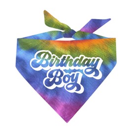 Birthday Boy Retro Dog Bandana | 100% Cotton Tie Dye Triangle | Made in USA | Birthday Pawty | Party Theme | Celebration Supplies | Photoshoot Prop | One Size | Sunset (870)