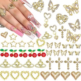 48PCS Gold Nail Charms Butterfly Nail Charms Cross Nail Art Charms 3D Star Charms Heart Charms Cherry Nail Gems Gold Charms for Nails for Women Nail DIY Design