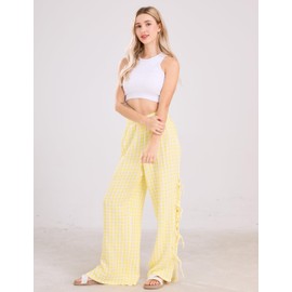 codcm Womens Gingham Striped Wide Leg Pants Y2k Lounge Pants Lace Up Loose Trousers(Yellow Plaid,Small)
