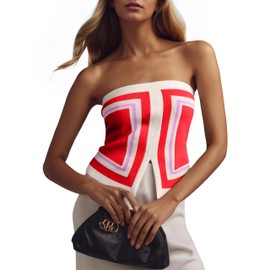 MISSACTIVER Women's Y2K Color Block Knit Bandeau Tops Strapless Sleeveless Split Asymmetric Hem Backless Tube Crop Top Corset Red