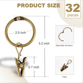 32 PCS Antique Brass Curtain Rings with Clips, Openable Drapery Metal Clip Rings for Hanging Drapes Decorative Fit Up to 1 3/4-inch Windows Rods (2“ Inner Diameter)