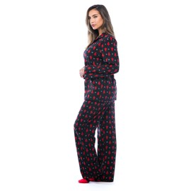 #followme Printed Microfleece Button Front PJ Pant Set with Socks 6370-10235-M, Black - Holiday Tree & Snowflake