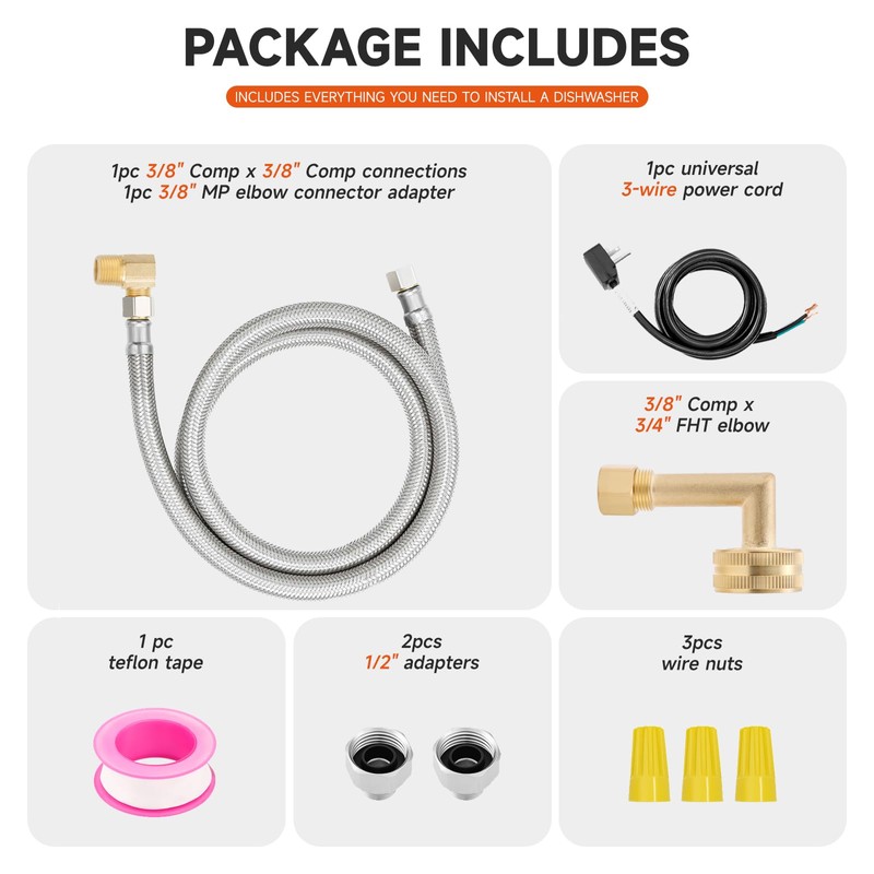 Roastove Universal Dishwasher Installation Kit,4 Ft Stainless Steel Dishwasher Hose,Burst