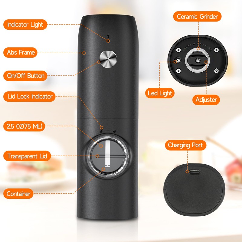 Electric Salt and Pepper Grinder Set (2 Pack), USB Rechargeable