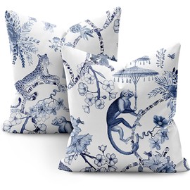 PENUFILO Chinoiserie Flower and Animal Pillow Covers 18x18 Set of 2,Blue and White Pillow Covers Decorative Linen Couch Pillows Covers for Bed Sofa Room Farmhouse Throw Pillow Covers