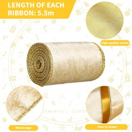 KAHEIGN 2 Rolls Christmas Ribbon Gold Christmas Velvet Ribbon, 11 m x 10 cm Wide Christmas Velvet Ribbon with Wired Edge, Vintage Christmas Ribbon for Christmas, DIY Bow Decorative Ribbon Velvet