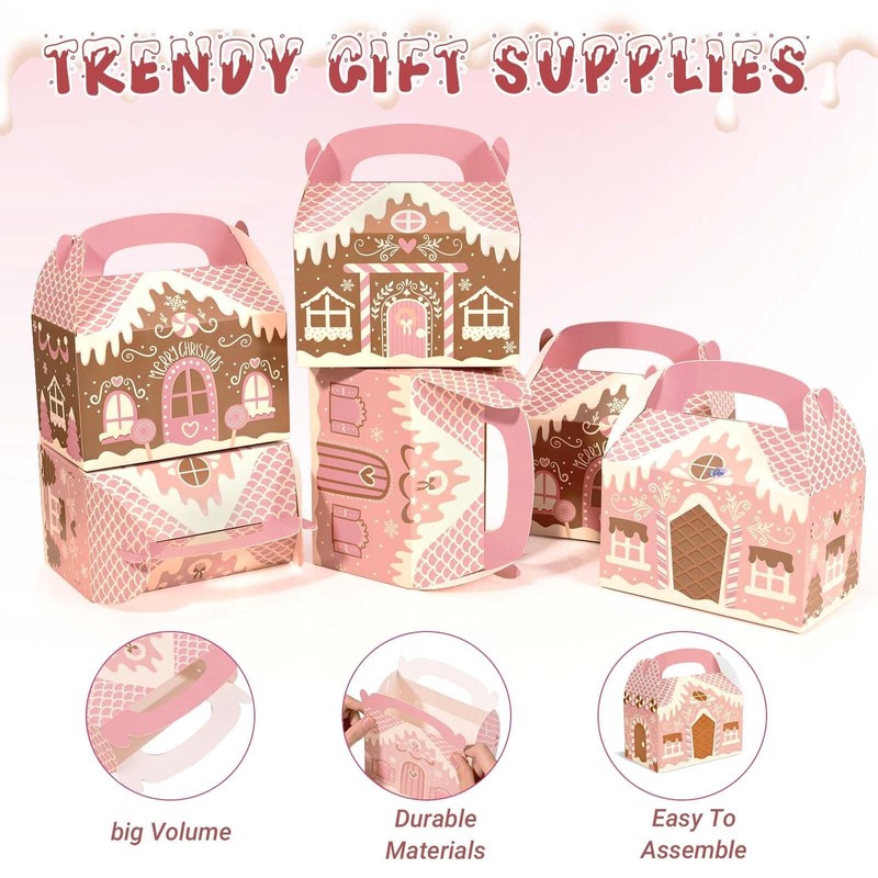 24Pcs Pink Christmas Paper Gift Boxes Gingerbread House Candy Boxes
