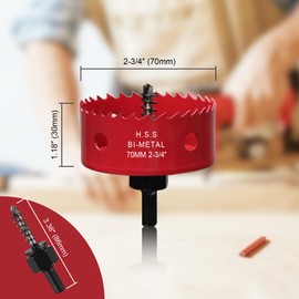 70 mm Hole Saw, Bi-Metal Circular Saw for Wood, HSS Hole Drill Bit with 35 mm Cutting Depth for Plastic, Plasterboard, Thin Metal Plates, Red