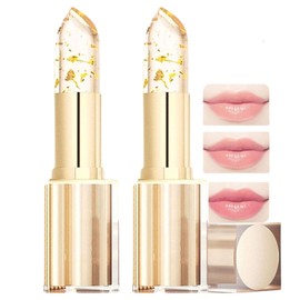 2PCS Transferproof Color Changing Lipstick,24H Long Lasting Moisturizing Glossy Lip Gloss,Color Changing Lipstick with Gold Foil Crystal Shine, Deep Nourishment Balm (2)