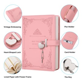 JiaoJiRen Heart-Shaped Lock diary with pen,A5 Size Soft PU Leather Locking Journal Personal Planner Writing Notebook Secret Notebook Gift for Adults,kids,Writers girls&women.(Pink).