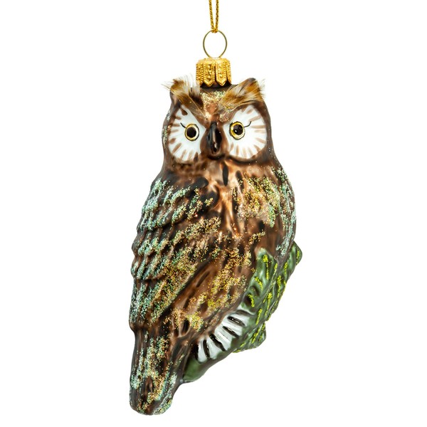 SIKORA BS716 Owl with Feathers Christmas Tree Decoration Glass Figure Christmas Tree Pendant - Premium Line, Variant: Owl Brown on Branch