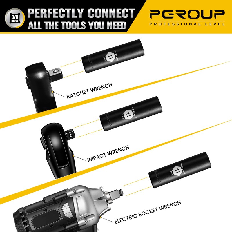 PGROUP 3/8” Drive Deep Impact Socket, Metric(11mm socket), 6-Point, Cr-V