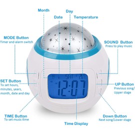 HSDSH Children's Alarm Clock, Digital Children's Projector Clock with Calendar Thermometer, Snooze Alarm Function, 7 Types Starry Sky Projector Colour Modes with 10 Melodies for Children, Boys, Girls,