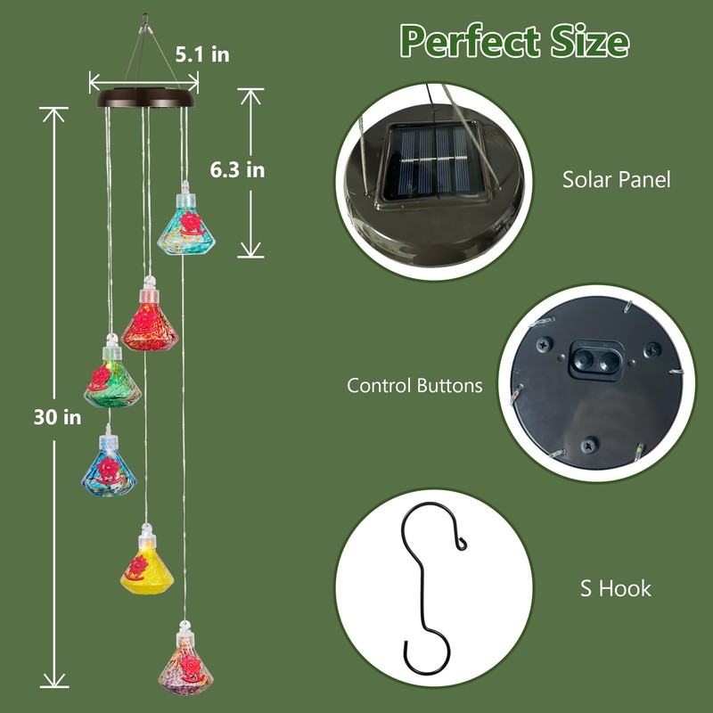 LUJII Solar-Powered Wind Chimes Hummingbird Feeders for Outdoor Use, Featuring