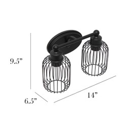Elegant Designs VT1021-BLK 14" Industrial Farmhouse 2 Light Metal Birdcage Decorative Wall Mounted Vanity Fixture with Matching Metal Oval Backplate Vanity, Black