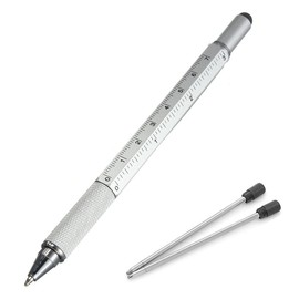 Multifunction Tech-Tool Pen with Ink Refills - 6 in 1 Tool with Ballpoint Pen, Touch Screen Stylus, Ruler, Spirit Level, Flat-head and Phillips Screwdriver (Silver + 2Refills)