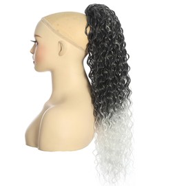 BALINGHAIR Deep Wave Ponytail Extension for Women 24 Inch Black to White Curly Wavy Ponytail Hair Extensions Drawstring with Clips Short Synthetic Hairpiece for Daily and Party