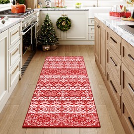 HUGEAR Christmas Vintage Area Rug 2x6 Runner Rugs Machine Washable Hallway Rugs Low Pile Carpet Red/White Non-Slip Indoor Door Mat Retro Carpet for Bedroom Kitchen Entryway Bathroom Living Room