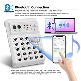 MOREFAND Audio Mixer, Sound Board Mixing Console with 4 Channel Digital USB Bluetooth Echo Delay Effect, Live Streaming, Podcasting (RE-405 4 canales),48V Phantom Power Stereo DJ Mixers for Recording