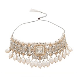 Bodha Traditional Indian Silver Plated Kundan Pearl Choker Bridal Necklace Combo Jewelry Set With Tikka and Earrings for Women (Sliver LCT)