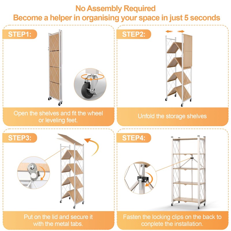 Yuanjimi 5-Tier Foldable Storage Shelves with Wheels, Folding Metal Shelf