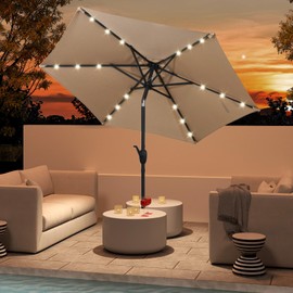 Tangkula 7.5FT Solar LED Patio Umbrella, Outdoor Heavy Duty Market Table Umbrella with 18 LED Lights, Push Button Tilt, Crank Handle, Vented Top for Deck Pool Garden (Beige)