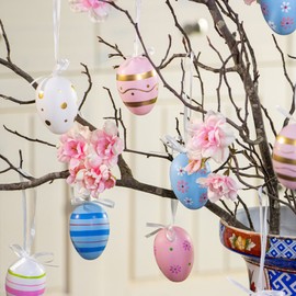 com-four® 18 x Easter Eggs for Hanging, Colourful Easter Eggs with Pattern, Hanging Decoration Made of Plastic for the Easter Bouquet, Pink, Blue, White