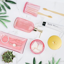 Pink Bathroom Accessories Set 4PCS Glass Bathroom Accessories Set with Soap Dispenser Toothbrush Holder Qtip Holder & Vanity Tray, Pink and Gold Bathroom Decor