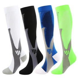 Kickticks 4 Pairs Compression Socks for Woman & Man Unisex 20-30mmHg Knee high Plus Size Wide Calves for Running Flying (Multicolored, Large-X-Large)