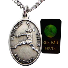 Softball Pewter Medal Ladies Necklace Set with Stainless Steel Chain with St Sebastian Boxed Prayer Card Saint Expressions Premium Jewelry for Athletes