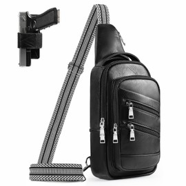 Conceal Carry Sling Bag - Virgan Leather Sling Backpack Fanny Pack Crossbody Chest Bags with Holster&Guitar Strap…