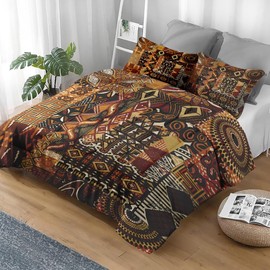 Pamnest Comforter Set King Size, African Vintage Floral Soft 3 Pcs Bedding for Kids and Adults, Tribal Patchwork Abstract Comforter Set with Pillowcase, for Bedroom Bed Decor