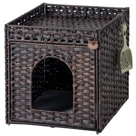 SETVSON Cat Litter Box Enclosure Furniture, Hidden Litter Box with Mat and Fence, Handwoven Rattan Cat House with Two S-Shaped Hooks for Living Room, Bedroom, 18.5 x 20.5 x 19.1 Inches (Brown)