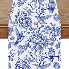 Snycler 13x108 Inch Table Runner Blue and White Monochrome Sketch Birds Flower Table Cover Retro Floral Kitchen Dining Table Decoration for Indoor Outdoor Home Party Restaurant Supplies
