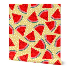 Removable Wallpaper 9ft x 2ft - Whimsical Watermelon Summer Fruit Fun Cute Happy Cheerful Red Yellow Custom Pre-Pasted Wallpaper by Spoonflower