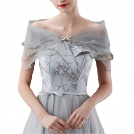 SamHeng Tulle Wedding Shawl Wrap for Women Lace Evening Cape Bridal Shoulder Covers up Scarf for Dress Prom Party Open Front Summer Wedding Dress Bolero Cardigans Elegant Capelets for women(Grey)