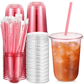 Ziliny 50 Sets Clear Plastic Cups with Heart Shaped Pink Straws and Lids, Disposable Iced Coffee Cups Drinking PET for Cold Drinks, Wedding, Bridal Shower, Baby Showers, Party(Pink,16 oz)