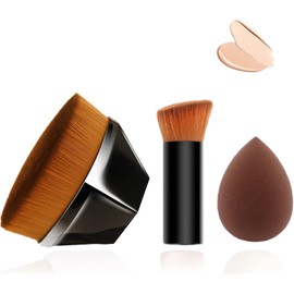 Brocha Kabuki, Brochas de Maquillaje Profesional con Brochas para Contorno y Esponja Maquillaje, Brocha para Base de Maquillaje con Tapa Plana para Base Mezcla Líquida Crema Polvo Impecable Contorno, Brocha de cerdas sintéticas prémium - Negro