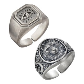 Pack of 2 men's rings, men's rings, men's rings, silver rings, rocker outfit men, stainless steel rings for men, signet ring (wolf scope ring + demon eye ring)