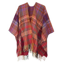 Urban CoCo Women's Vintage Pashmina Shawls and Wraps Open Front Poncho Cape for 2025 Fall Winter(Red and Green)