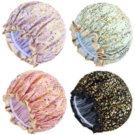 Yoosit 4 PACK Double Layer Waterproof Reusable Satin Shower Caps with Adjustable Bath Hair Caps Stretchy EVA Bathing Hats Bonnets Curly Long Braids Hair for Women Girls (pack of leopard)