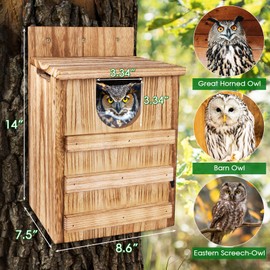 TAGEPUJIE Owl House, Large Wooden Owl Nesting Box for Outside (8.7" x 7.5" x 14.2"), 3.3" Predator-Deterrent Entrance, Side Vent Holes & Bottom Drainage, Includes 2 Coco Liners, Easy Assembly