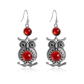 Teppdfann Boho Silver Vintage Ruby Birthstone Dangle Earrings for Women Western Owl Statement Earrings for Women Delicate Jewelry