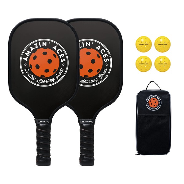 Amazin’ Aces Graphite Pickleball Set - Includes 2 Graphite Pickleball Paddles, 4 Balls, 1 Mesh Carry Bag, Premium Pickleball Rackets Graphite Face, Polymer Honeycomb Core