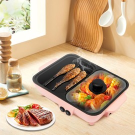 Hot Pot Electric with Grill 1200W Multifunctional Indoor Teppanyaki Grill/Korean BBQ/Shabu Shabu Hot Pot 2 in1 Indoor Non-Stick Shabu Shabu Pot & Frying Pan (Pink)