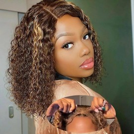 Ablvari Glueless Bob Wigs Human Hair 5x5 Water Wave Closure Bob Wig Human Hair 4/27 Ombre Highlight Wear and Go Glueless Wig Pre Plucked Pre Cut Wig Human Hair Natural Hairline 180% Density （12inch）