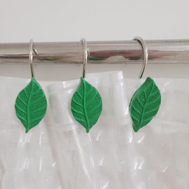 Twofishes 12 Pcs Green Leaves Shower Curtain Hooks Decorative Rust Proof Resin Green Leaf Shower Curtain Hooks