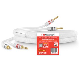 Nakamichi Excel Series 24k Gold-Plated Banana Plug with (3ft) Speaker Cable Wire 99.9% Oxygen-Free Copper (OFC) Heavy Duty Braided for Amp Hi-Fi Home Theater - White (12AWG / 3ft / 0.9m)