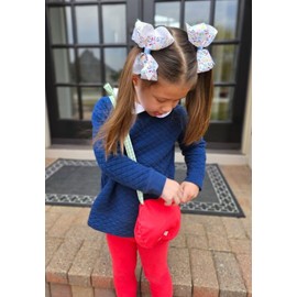 Wee Ones Girls School-themed Printed Grosgrain Hair Bow on a WeeStay Clip with Plain Wrap, Medium, ABC'S White